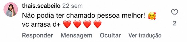 Comentário real recebido pela Samaira